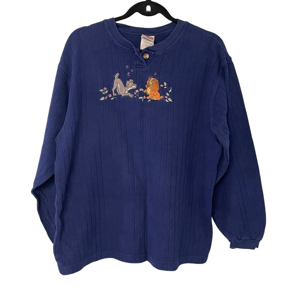Vintage 90s Disney Store Lady and the Tramp Pullover L Embroidered Blue